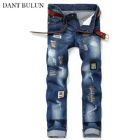 mens ripped jeans slim fit holes distressed embroidery patchwork denim pants casual trousers hip hop fashion jeans hombre