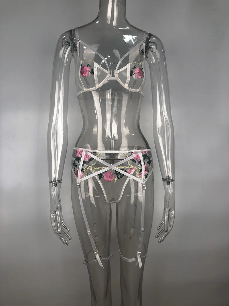 

Flower Embroidery Exotic Sets Women Lingeie Underwear Three Piece Set Sexy Feamle See Through Mesh Lace Lingerie Bra 3 Piece Set