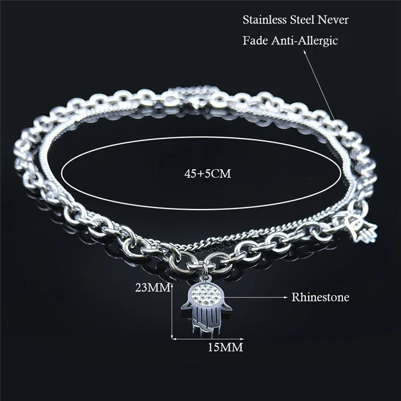 

Hip Hop Crystal Stainless Steel Layer Chocker Necklace Silver Color Islam Hamsa Hand Necklace Pendant Jewelry collier NXHYB198S0