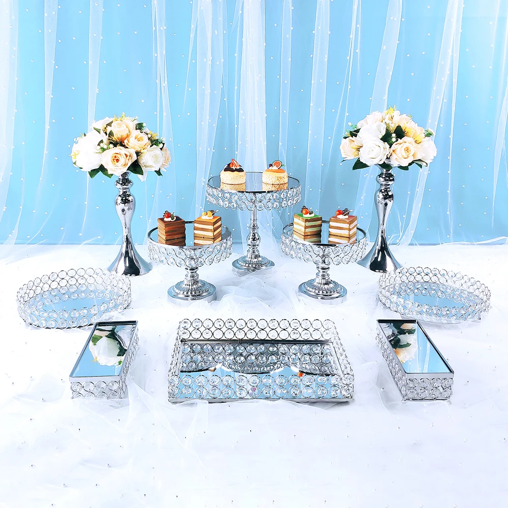 Conjunto de soporte de pastel de plata con cristal dorado, decoraci&oacute;n de magdalenas de metal con base de postre para fiesta, expositor de pastel, nuevo estilo-5