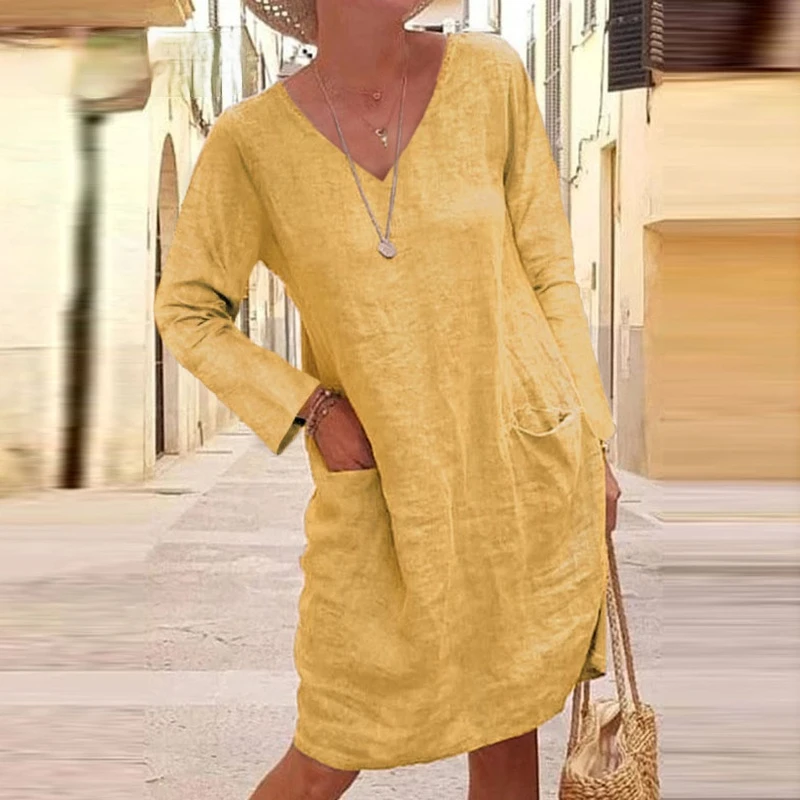 

Fall Ladies Solid Color Dress Fashion Pure Cotton Linen V-neck Mini Long Sleeve Pocket Dress Office Outdoor Casual Dress