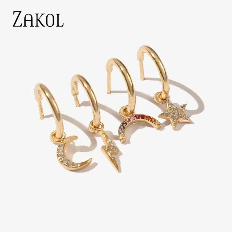 ZAKOL женские модные серьги с кристаллами 2020 золотые звезды луна молния милые для
