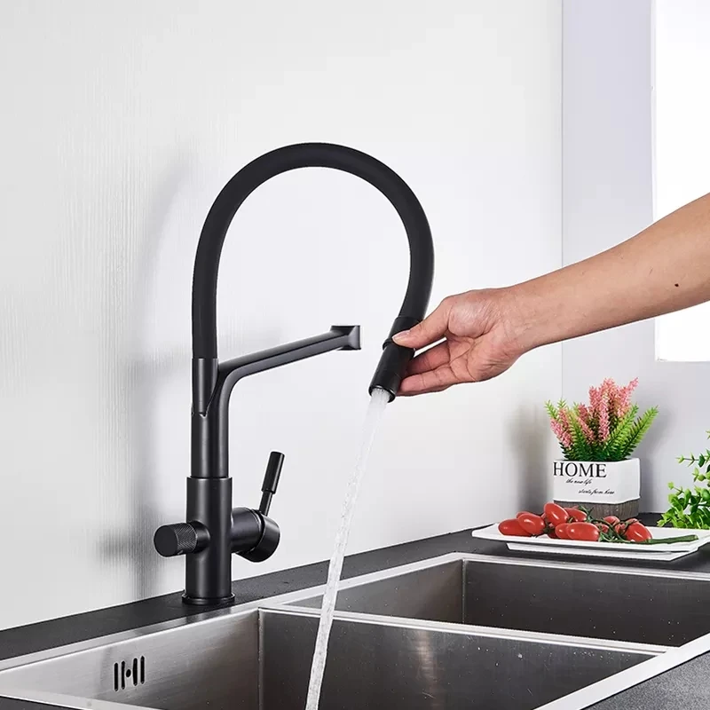 Смеситель кухонный с фильтром кран двойным носиком для питьевой воды вращение на