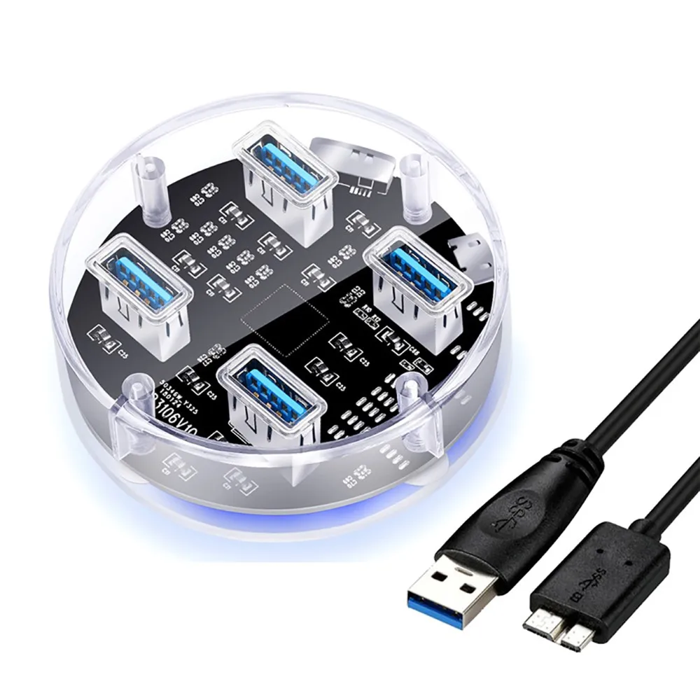 

4 Port USB3.0 HUB Transparent Desktop HUB with Blue Indicator Light High Speed 5Gbps USB3.0 Hub Adapter for Computer Laptop
