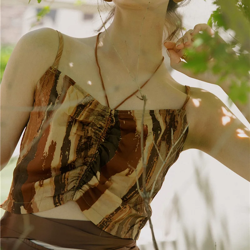 

Retro Oil Painting Color Sling Folds Slim Outer Wear Chest-wrapped Short Top Hollow Out Lumbar Female Summer Outer Wear Camis