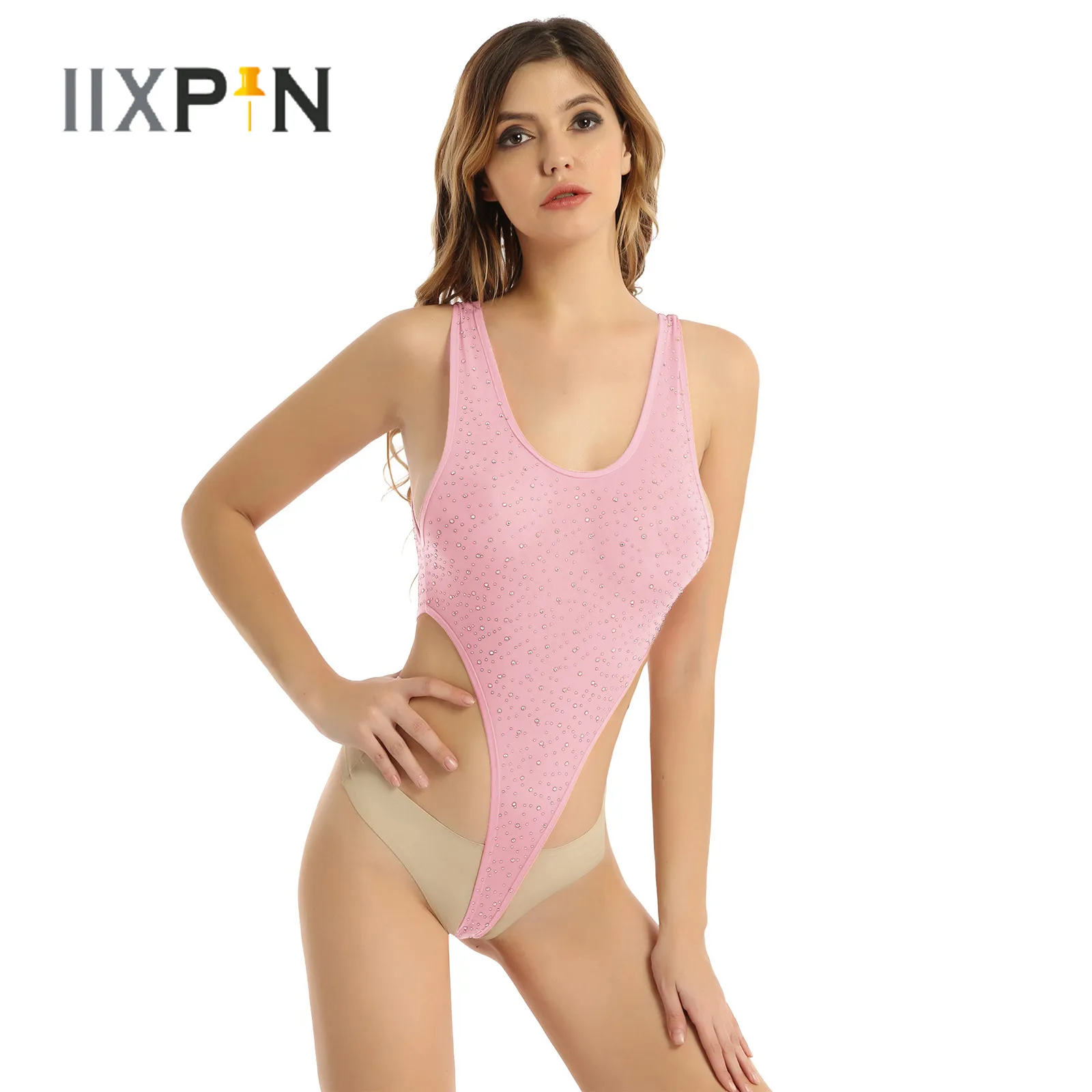 Женское нижнее белье стринги облегающее боди с глубоким круглым вырезом Стразы