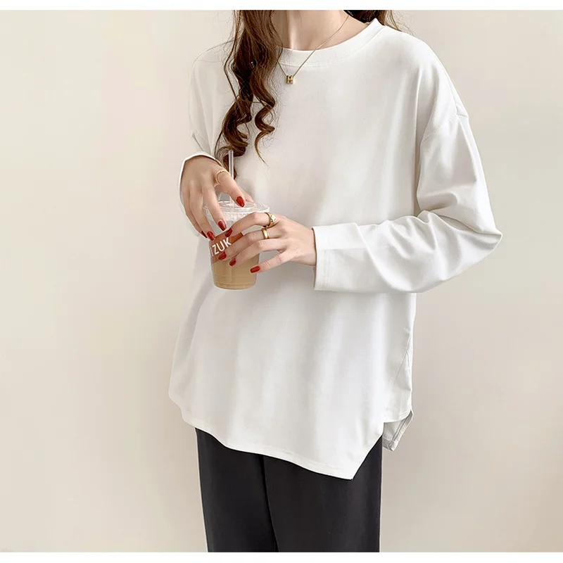 

White Shirt Women Thick Velvet Warm Autumn Winter Long T-shirt Loose Cotton Korean Spring 2022 Basic Shirt O-neck White Tops