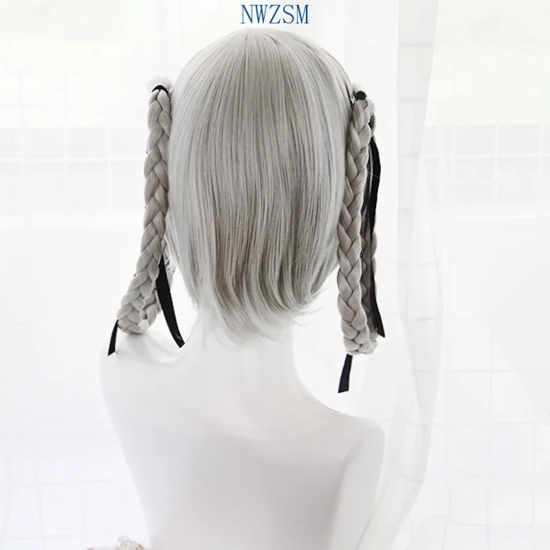 

Japanese Anime Kakegurui Kirari Momobami 35cm Short Wigs Gray Braids Styled Clip on Cosplay Wig+ wig cap