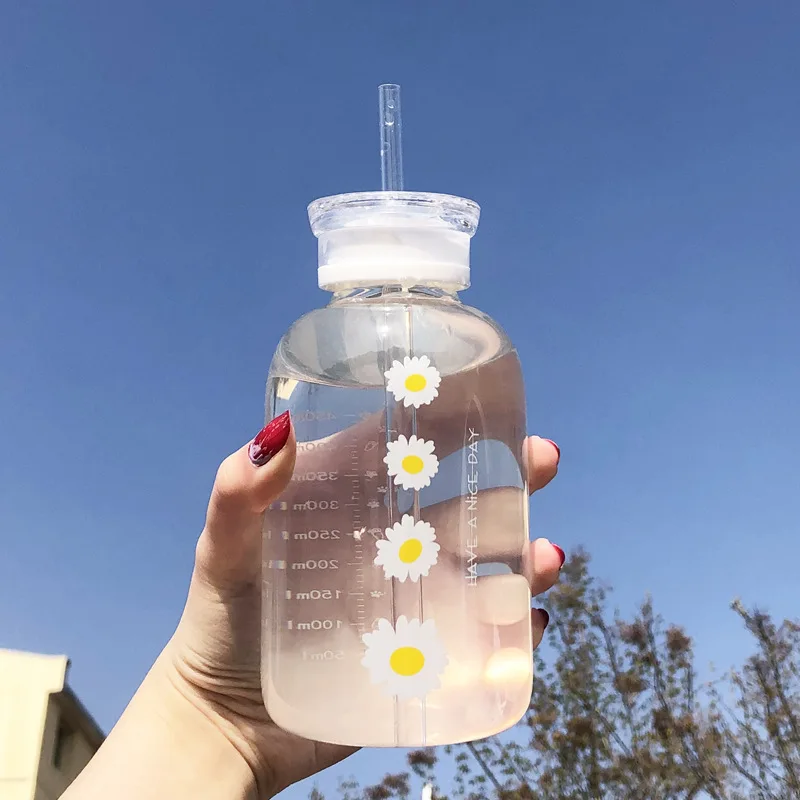 

480ml Flower Daisy Milk Juice Cute Water Bottle Frosted Glass Bottle with Straw Kawaii Drinking Bottles with Scale 2 Lids