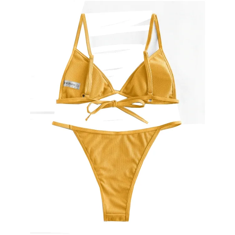 

Bikini Set 2021 for Women Lace Up Low Waist Triangle Yogasuits Ribbed Texture Swimming Bathing Suits