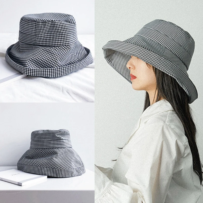 

Шляпа рыбака 066F с широкими полями и узором в клетку для женщин и девушек, Повседневная Складная, для отдыха, защита от ультрафиолета