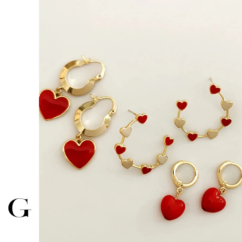 

GHIDBK Dainty Red Heart Pendant Huggie Hoop Earrings Minimalist Statement Gold Colour Charm Earring Circle Fashion Street Style