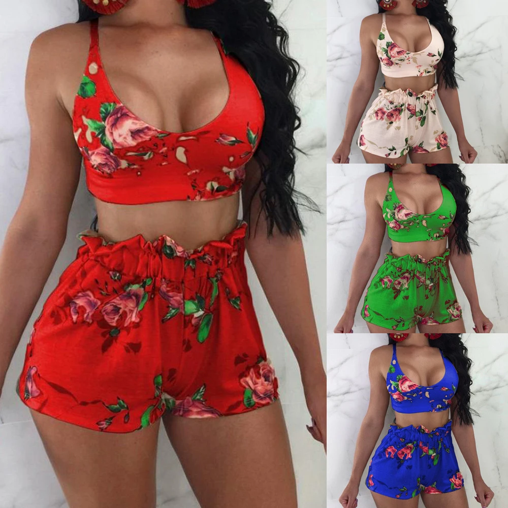 

Plus Size Summer Sexy Women Floral Printed 2 Piece Bodycon Crop Top Camis + Shorts Set Beachwear Swimsuits Bathing Suit Costume