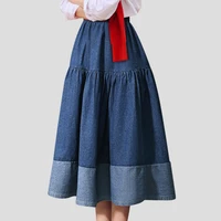 large size elastic waist casual fashion all match skirt stitching denim skirt womens cotton flared high waist skirt