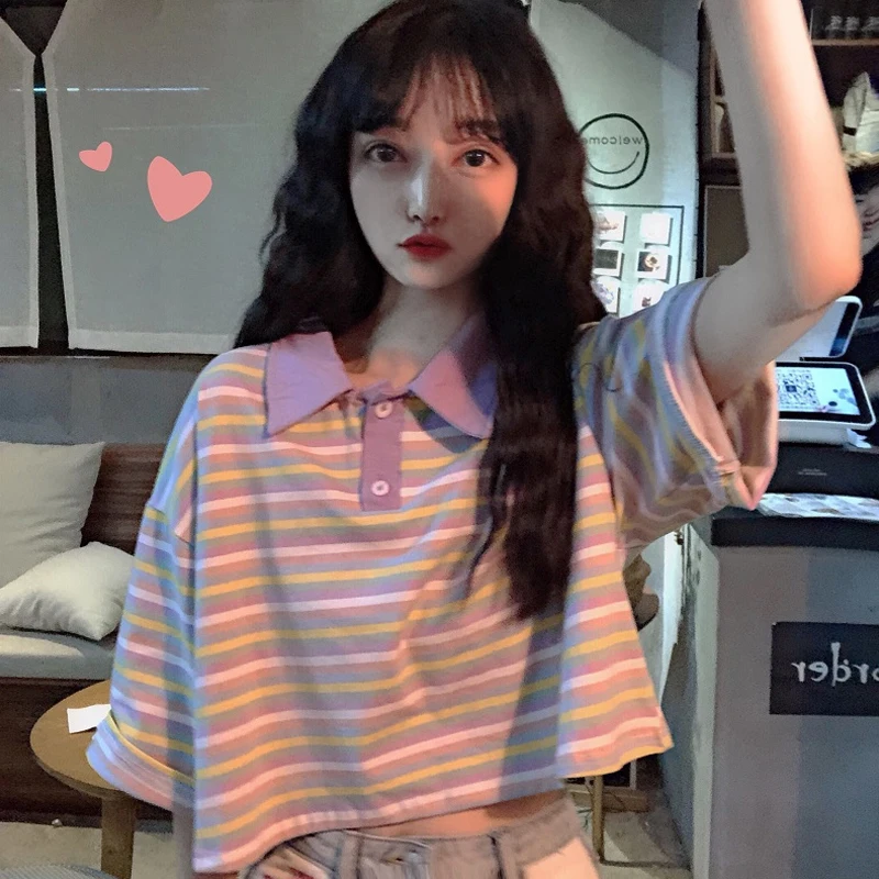 Новинка 2021 женская одежда с коротким рукавом летняя полосатая рубашка поло в