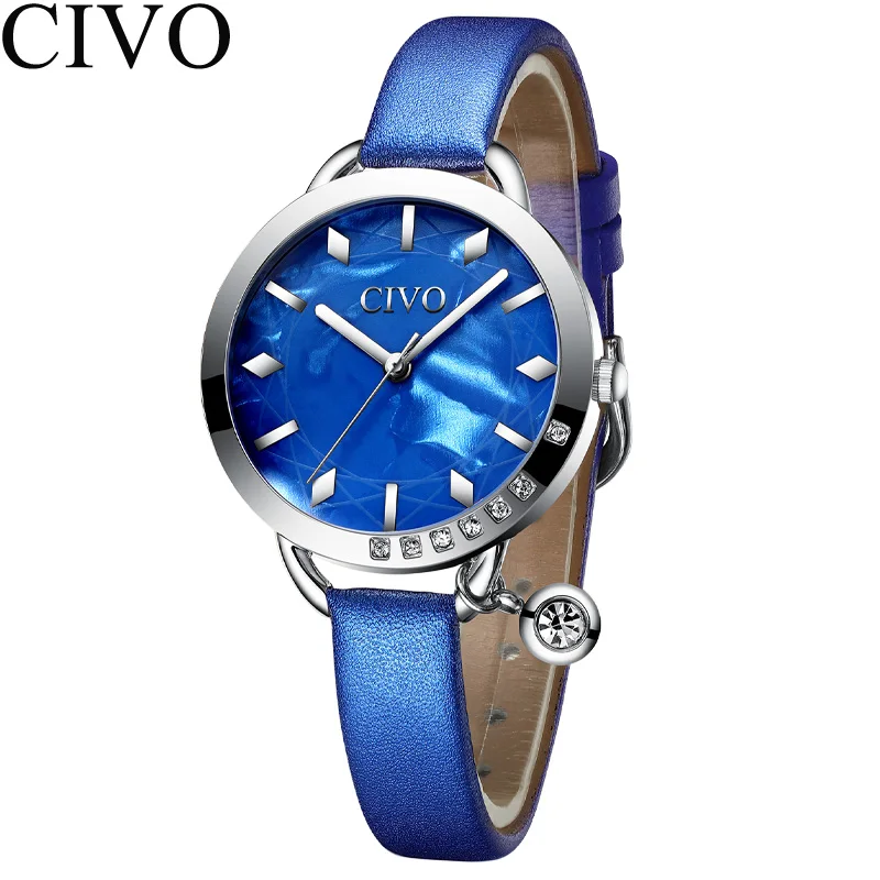 leather silver Relogio feminino CIVO модный синий кожаный ремешок женские наручные часы Роскошные Кристальные водонепроницаемые повседневные часы женские подарочные часы - Цвет: leather silver