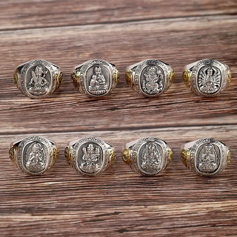 

Кольцо со знаком зодиака, тибетское Бодхисаттва, Puxian, год рождения быка, кольцо Будды, искусственное серебряное, винтажное, тайские, серебря...