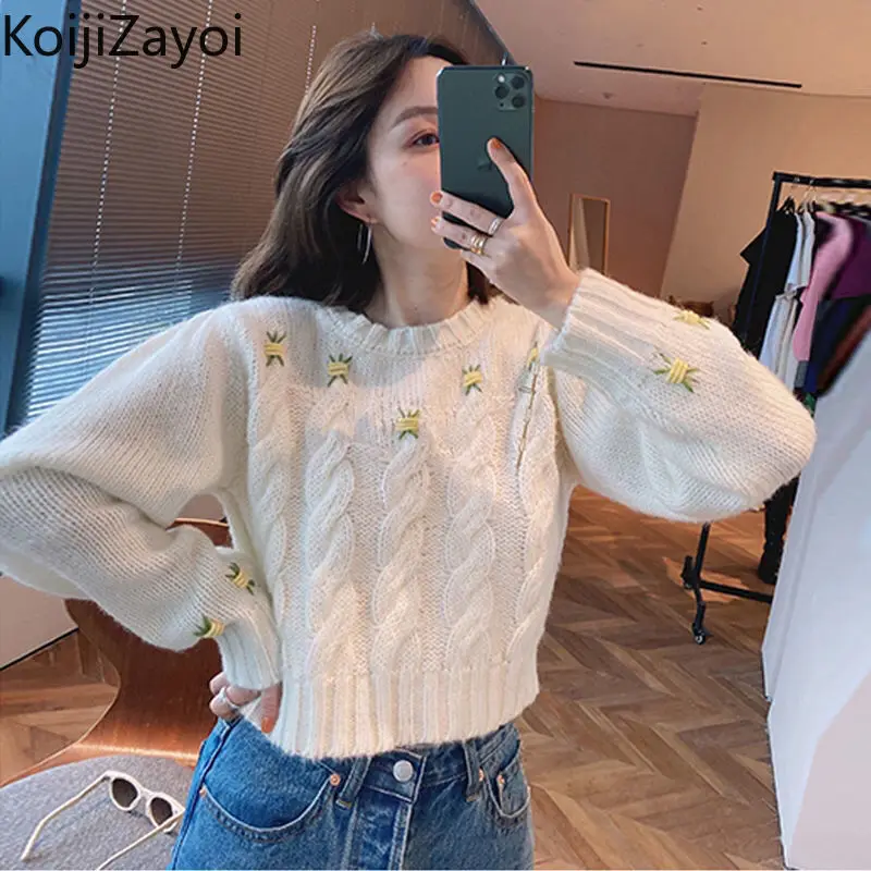 

Koijizayoi Embroidery Women Fashion Flower Sweater Autumn Winter Lady Slim Chic Pullovers Cropped O Neck Jumpers Casual 2022