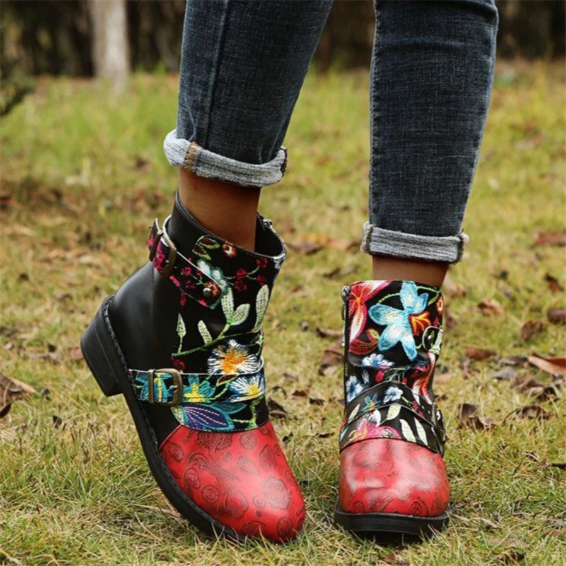 

2021 new women's boots foreign trade Martin boots stitching embroidered low-tube thick-heeled women's short boots fashion casual