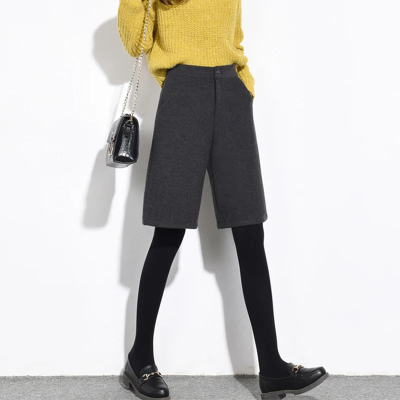 Wide Leg Half Long High Waist Women Shorts Autumn Winter Fashion All-match Wool Shorts Female Casual Black Gray Woolen Shorts