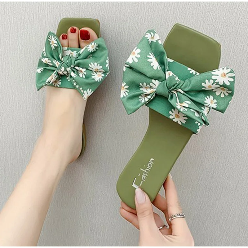 

Women's Slippers Flower Bow Ladies Peep Toe Sandals Sweet Girls Fashion Square Toe Slippers Summer 2021 Women Casual Shoes