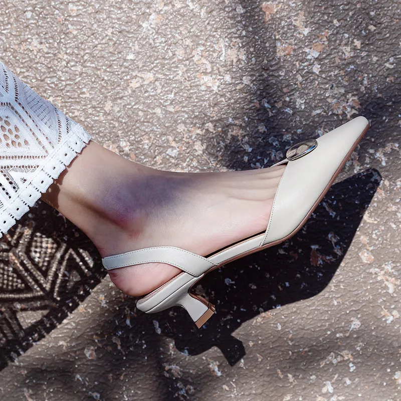 

VERCONAS Women Casual Shoes Slippers Pointed Toe Popular Genuine Leather Thick Heel Wild Sandals Concise Thick Heels Shoes Woman