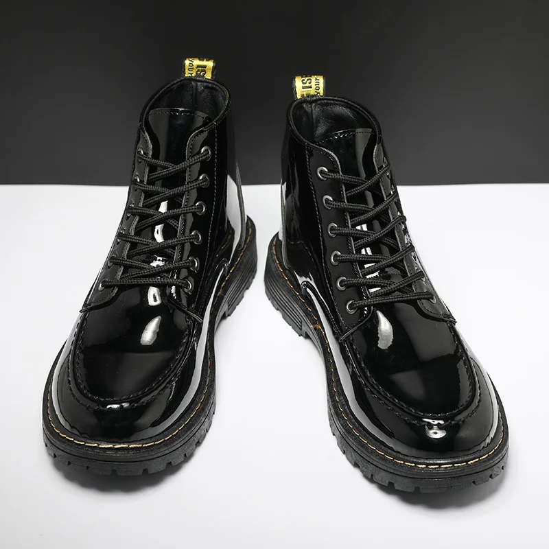 

New Classic Black Waterproof Shiny Patent Leather Boots Men's High Top Spring and Autumn Boots Men's Casual Comfortable Boots