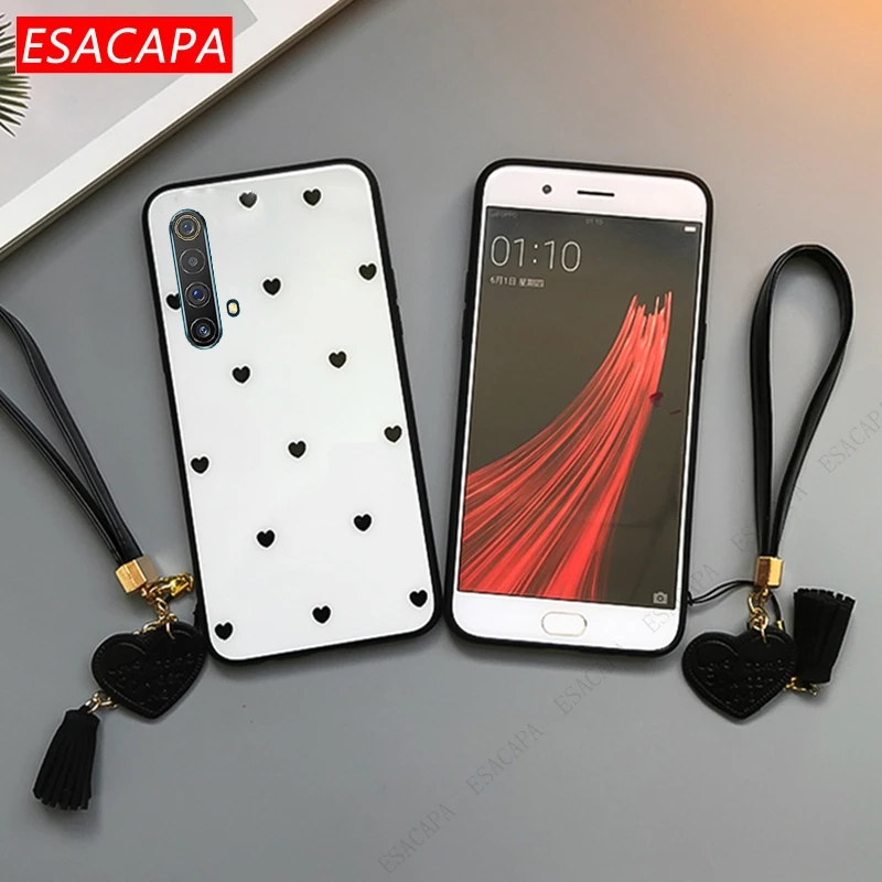 for oppo realme x50 7 pro x3 superzoom c12 phone case love tempered glass protection cover for oppo reno 5 4 3 pro with lanyard free global shipping