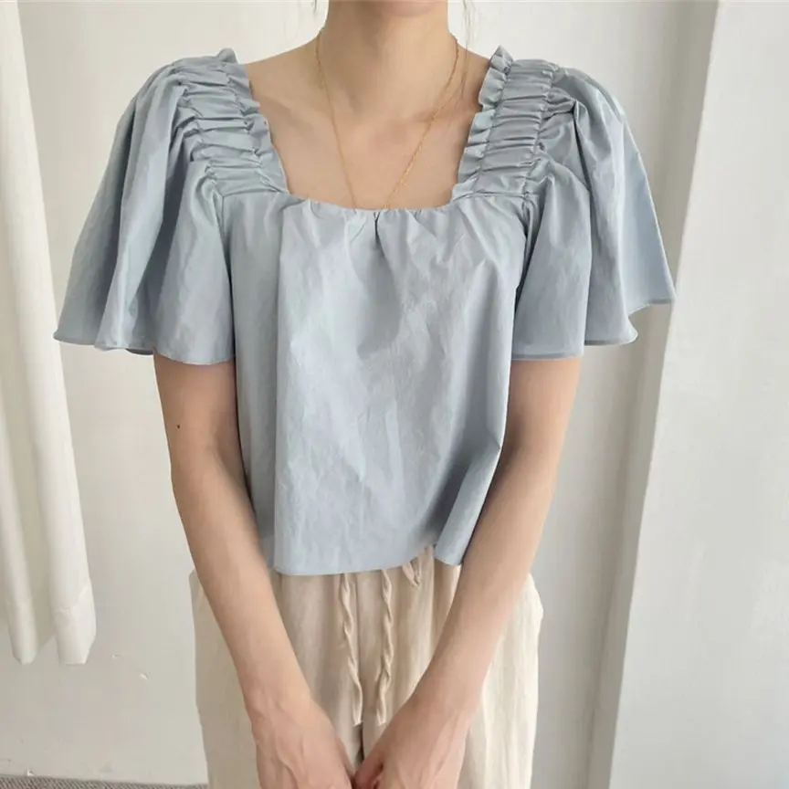 

HziriP 2021 Summer Square Collar Flare Sleeves Solid Gentle Sweet Femme Girls Fashion Casual Tops Blouses Women Loose Shirts
