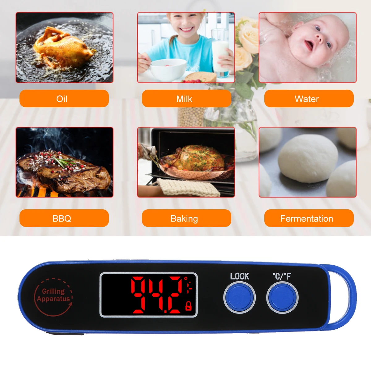

Digital Food Temperature Meter 1.9-inch LED Instant Read Meat Soup Beverage Food Thermometer Folding Probe Cooking Thermometer