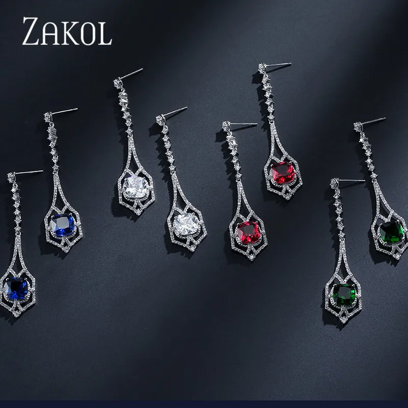 ZAKOL Роскошные циркониевые женские длинные висячие серьги модные в форме люстры