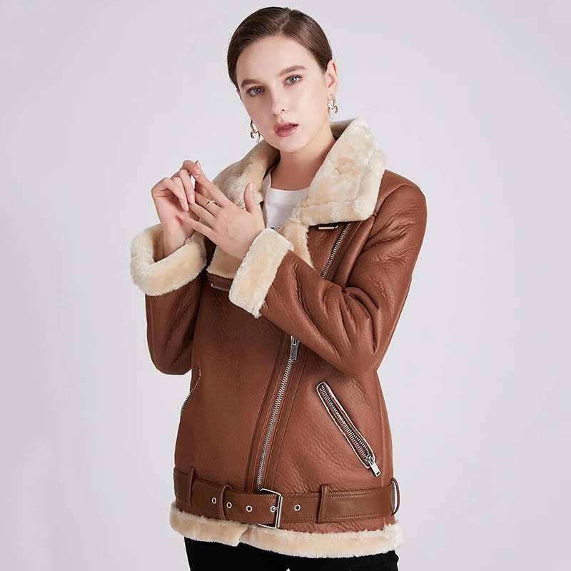 NEW2021 ERQIBA New Women Winter Lambs Wool Parkas Fur Collar Zipper Jacket Warm Thick Outerwear Faux Lamb Leather Coat Moto