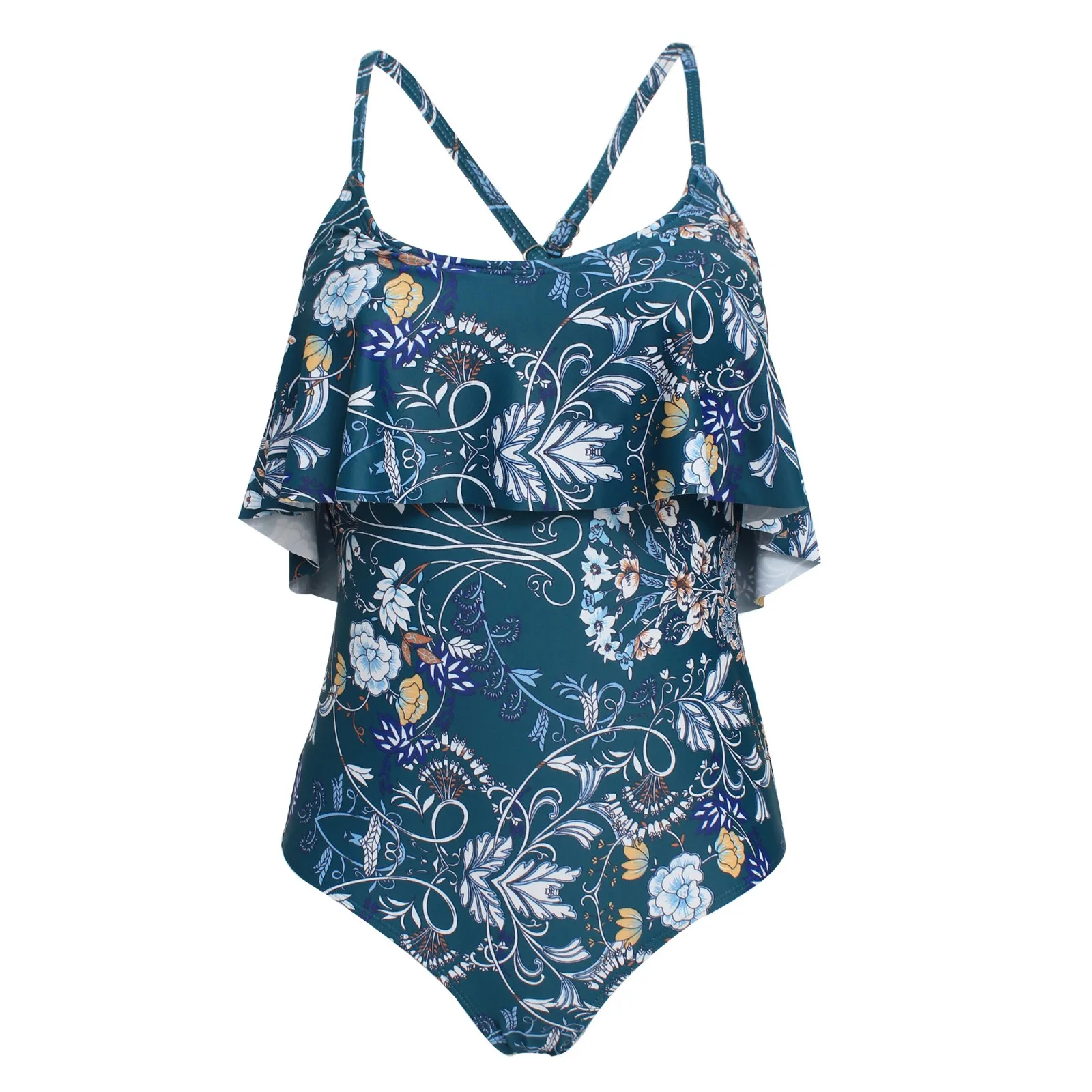 Bikinis 2019 Mujer Women Slim Sexy Backless Halter Beach Ruffle Floral Print Swimwear Maillot De Bain Femme Biquini Monokini |
