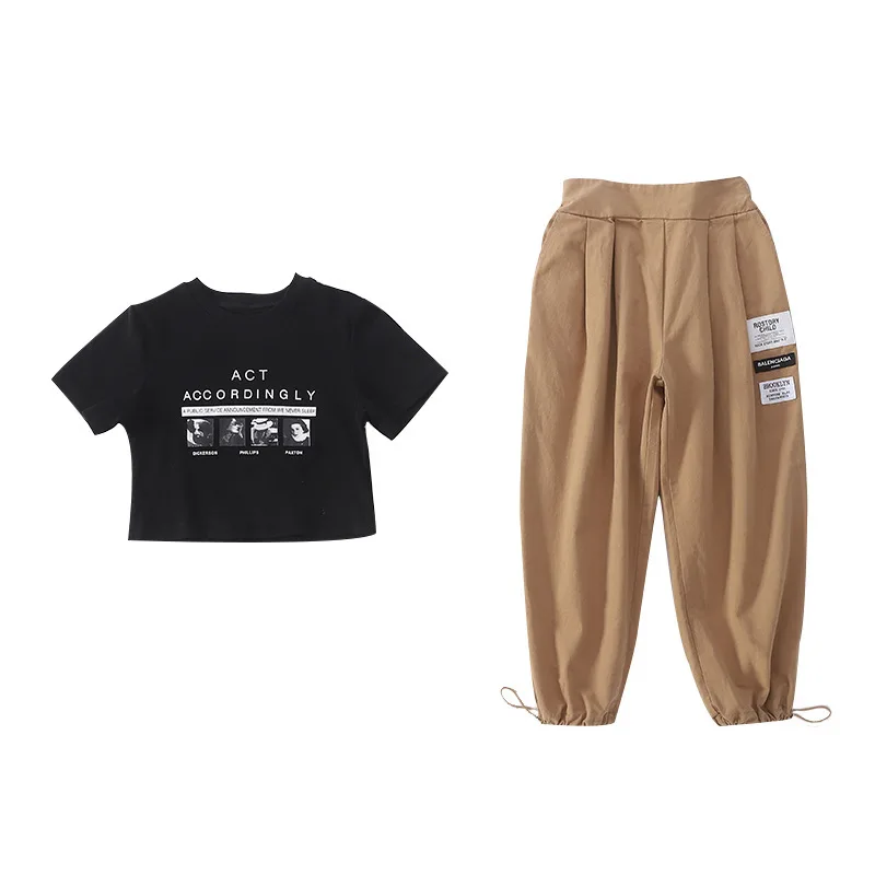 Girls Casual Suit 2021 New Girls Short Tights Top+ Kids Loose Overalls Trousers Children's Performance Dance Suit 2PCS