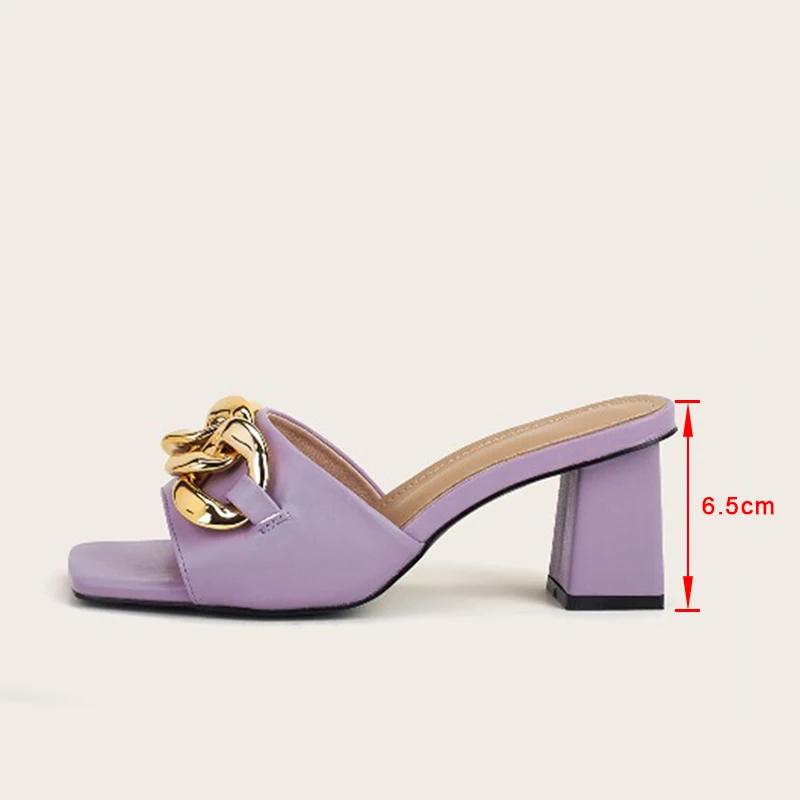 

Women Slippers Chain Sandals High Heels Square Toe Ladies PU Summer Shoes Female Pumps Slip On Woman Fashion Footwear New