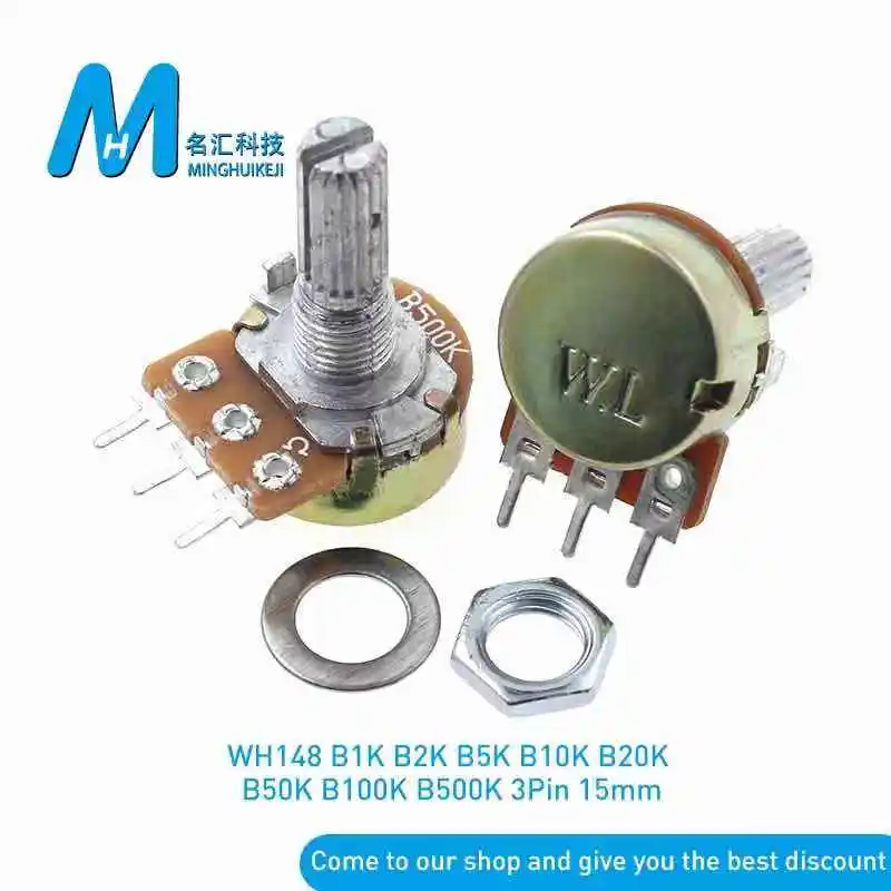 

5 шт., регулируемый потенциометр WH148, 1K, 2K, 5K, 10K, 20K, 50K, 100K, 250K, 500K, 1M Ом, линейный конический вращающийся потенциометр, резистор