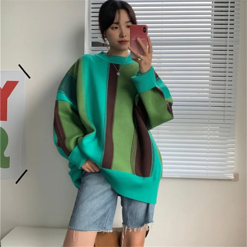 

Женский свитер в полоску, свободный трикотажный пуловер с длинным рукавом, Осень-зима