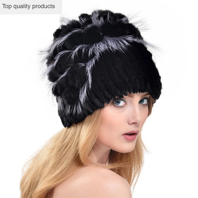 New Knit Rex Rabbit Hat With Silver Fox Fur Hat Flower Good Quality Super Elastic Real Fur Cap with Lining LH348
