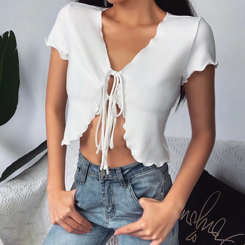 

Sexy White Summer T-shirt Crop Tops Ladies Casual Lace Up Clothes Fashion Cropped Top Women Clothing