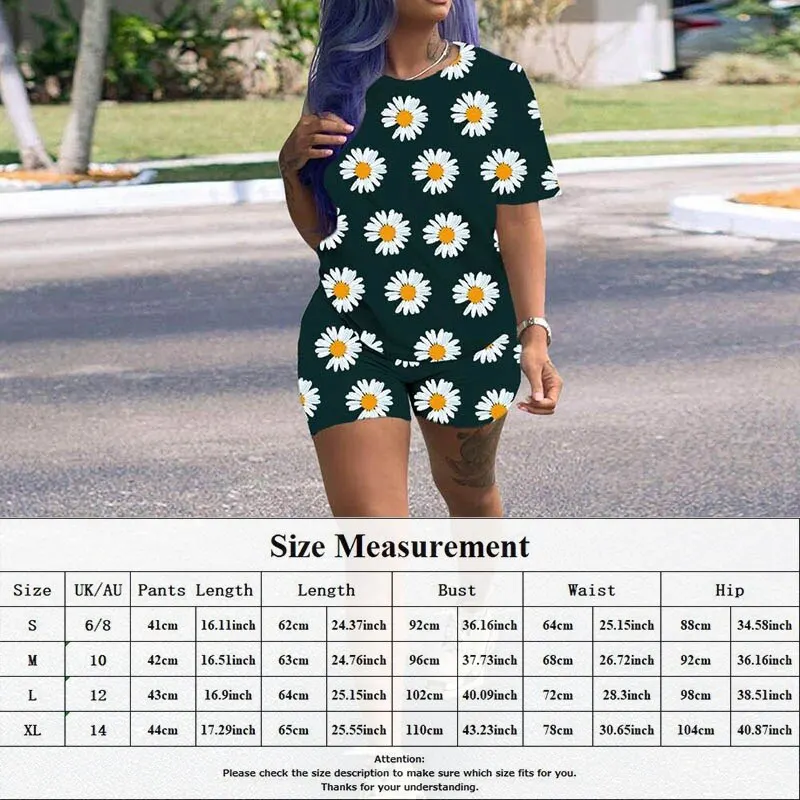 

Daisy Print Short Pants Suits For Womens Summer Fashion O Neck Short Sleeve And Slim Short Pants Casual Streetwear Sport Suits