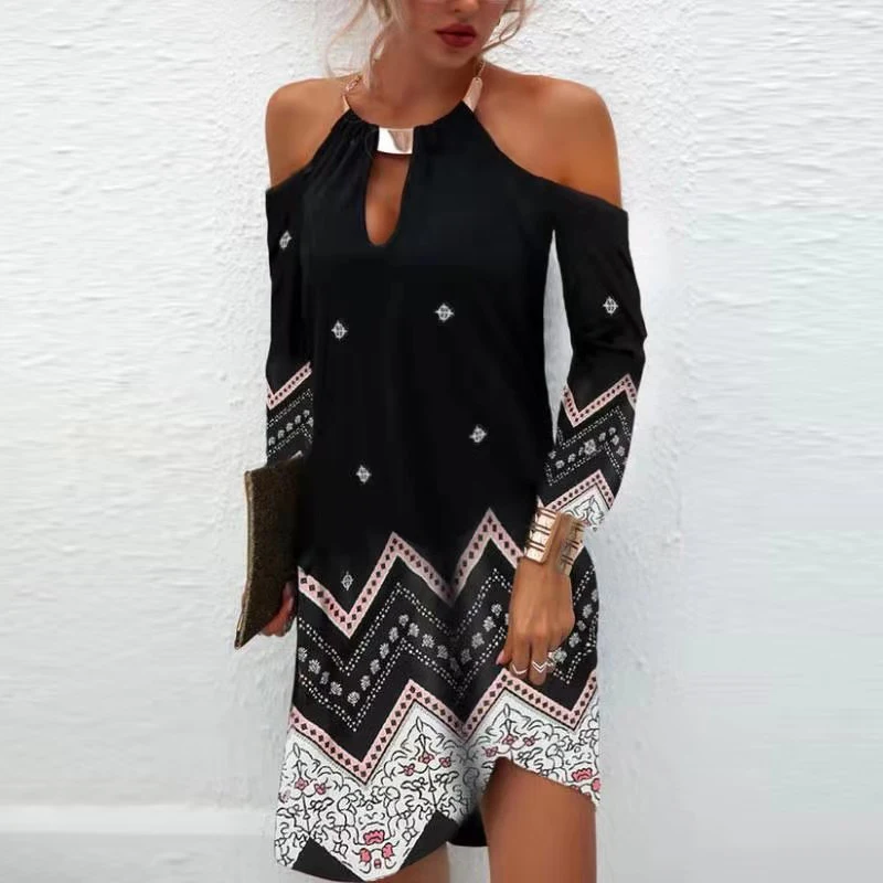 

2021 Summer Sexy Off Shoulder Halter Party Dress Women Elegant Hollow Out Hanging Neck Design Dress Female Vintage Print Dress
