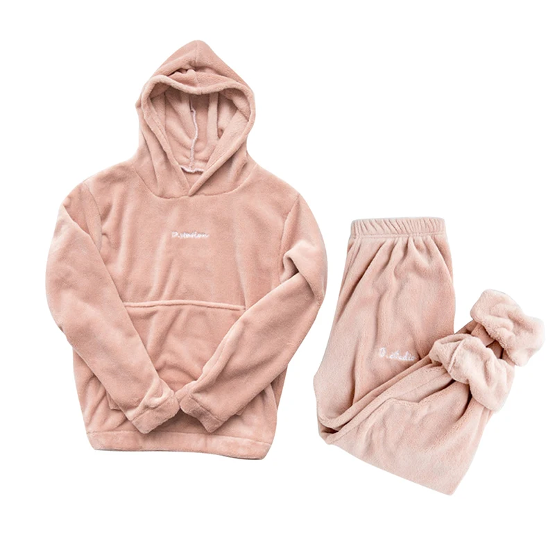 

Women Winter Flannel Pajama Set Long Sleeve Loose Top Elastic Waist Thick Warm Sleepwear Home Clothing