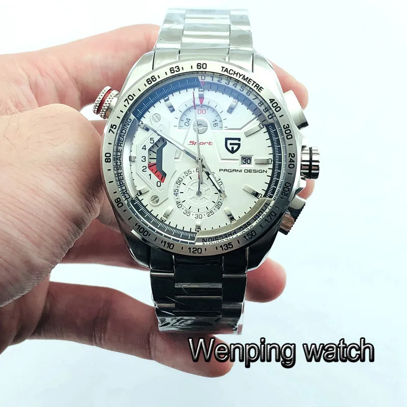 Новый 44 мм Pagani Дизайн Серебристый Стальной чехол белый циферблат Кварцевые