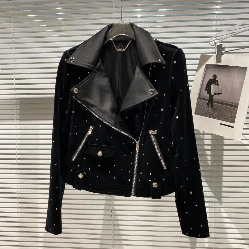 

Diamond PU Leather Collar Black Jacket Women 2021 Autumn New Oblique Zipper Locomotive Velvet Jacket