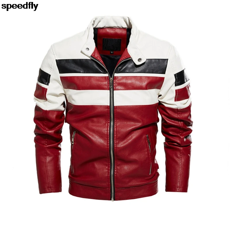 

Mens Jacket Stripe Colorblock Bomber Jacket Street Wear Autumn Winter Coats Men Leather Fur Jacket Motorcycle Slim Fit Coat