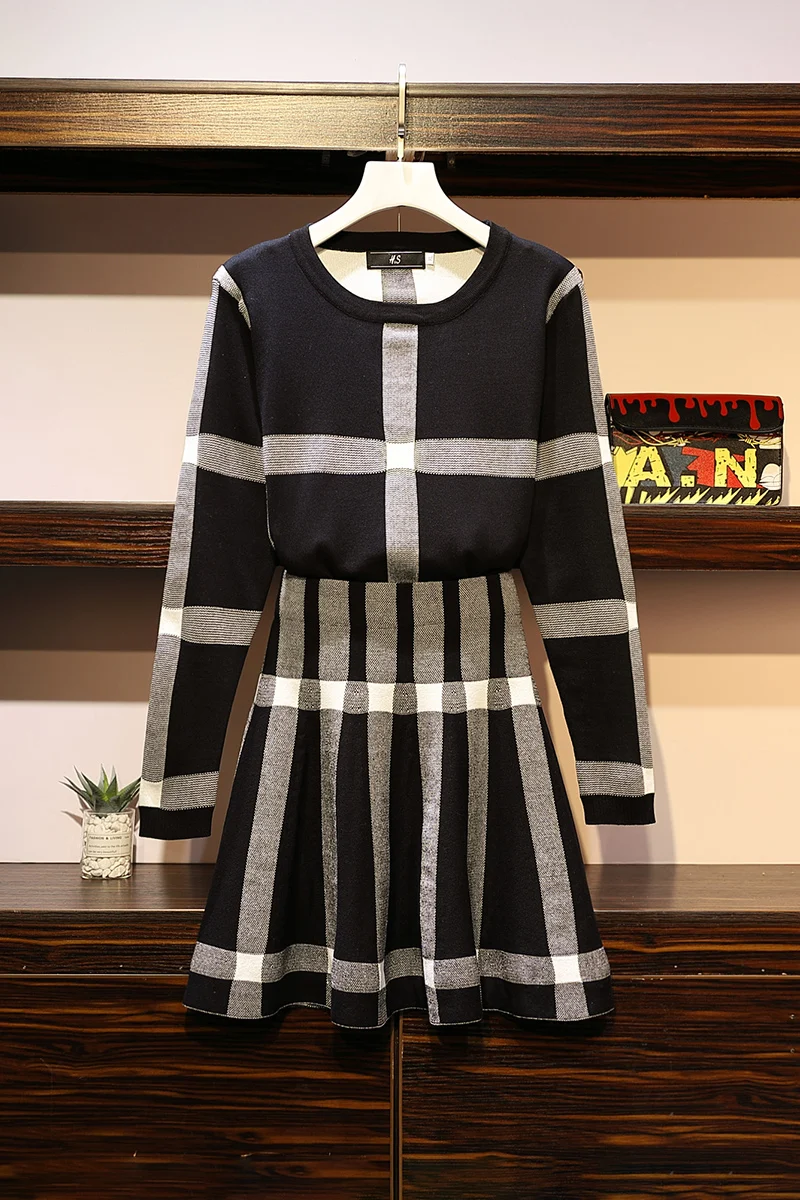 Женское платье большого размера модный тонкий вязаный свитер + юбка осенний