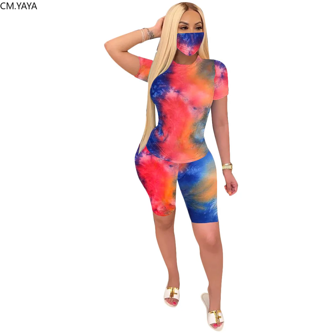 CM.YAYA women tie dye black hole print two piece set fashion tee tops shorts jogger pants suit tracksuit matching outfit |