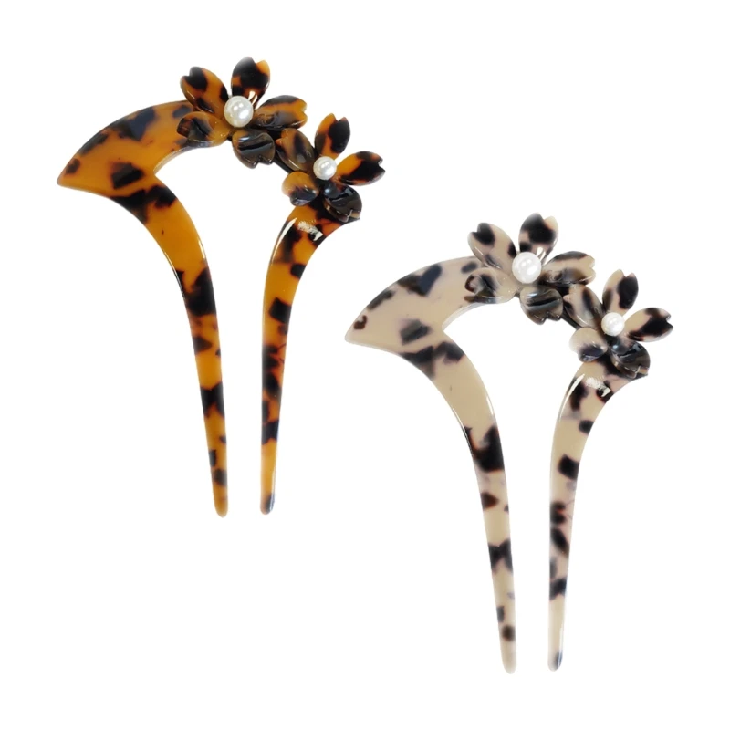 

Japanese Style Celluloid Acetate Hair Stick Fork Vintage U-Shaped Tortoise Shell Updo Chignon Pin 3D Floral Pearl Jewelry M7DD