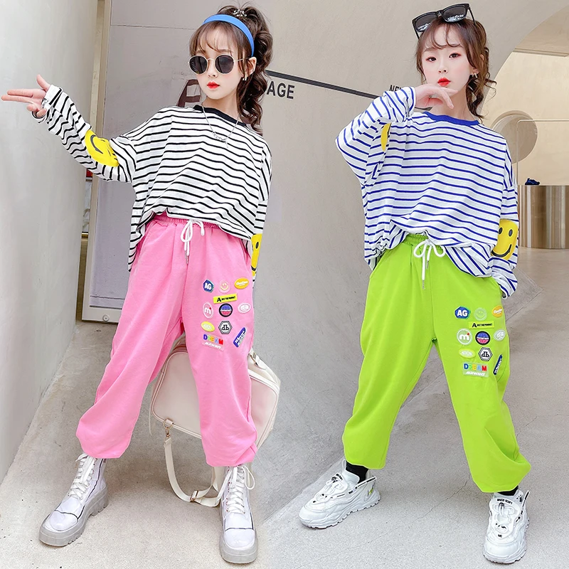 

Simple Children's Clothing Girls Sweater Coats Color Striped Loose Casual Sweatshirt Joggers Long Pants Spring Outfits Kid Girls