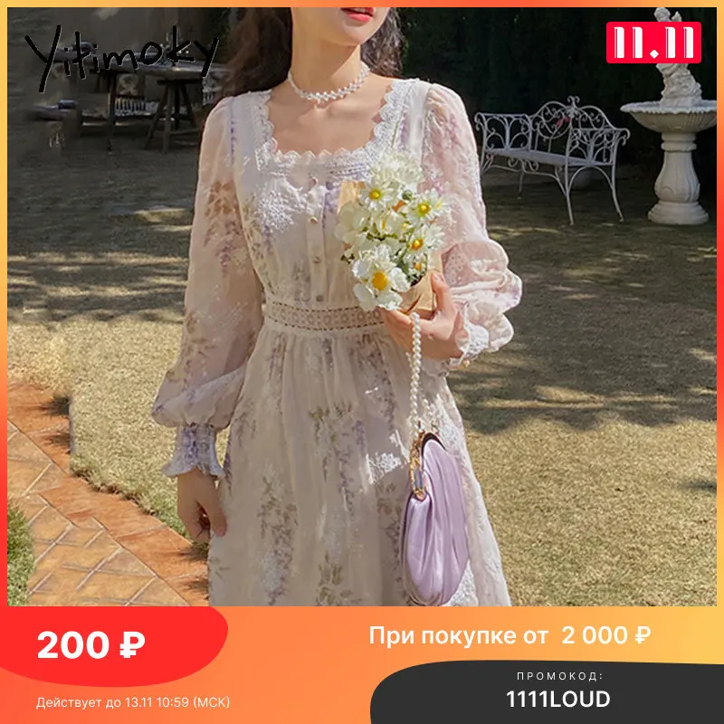 

Женское Цветочное платье Yitimoky, белое кружевное Повседневное платье до середины икры с длинным рукавом во французском стиле, летняя одежда